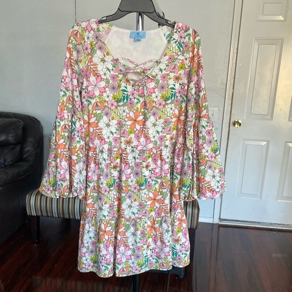CeCe Dresses & Skirts - CeCe Floral Printed Lace-Up Tiered Dress S XS Balloon Sleeve Lined boho ￼ W-21